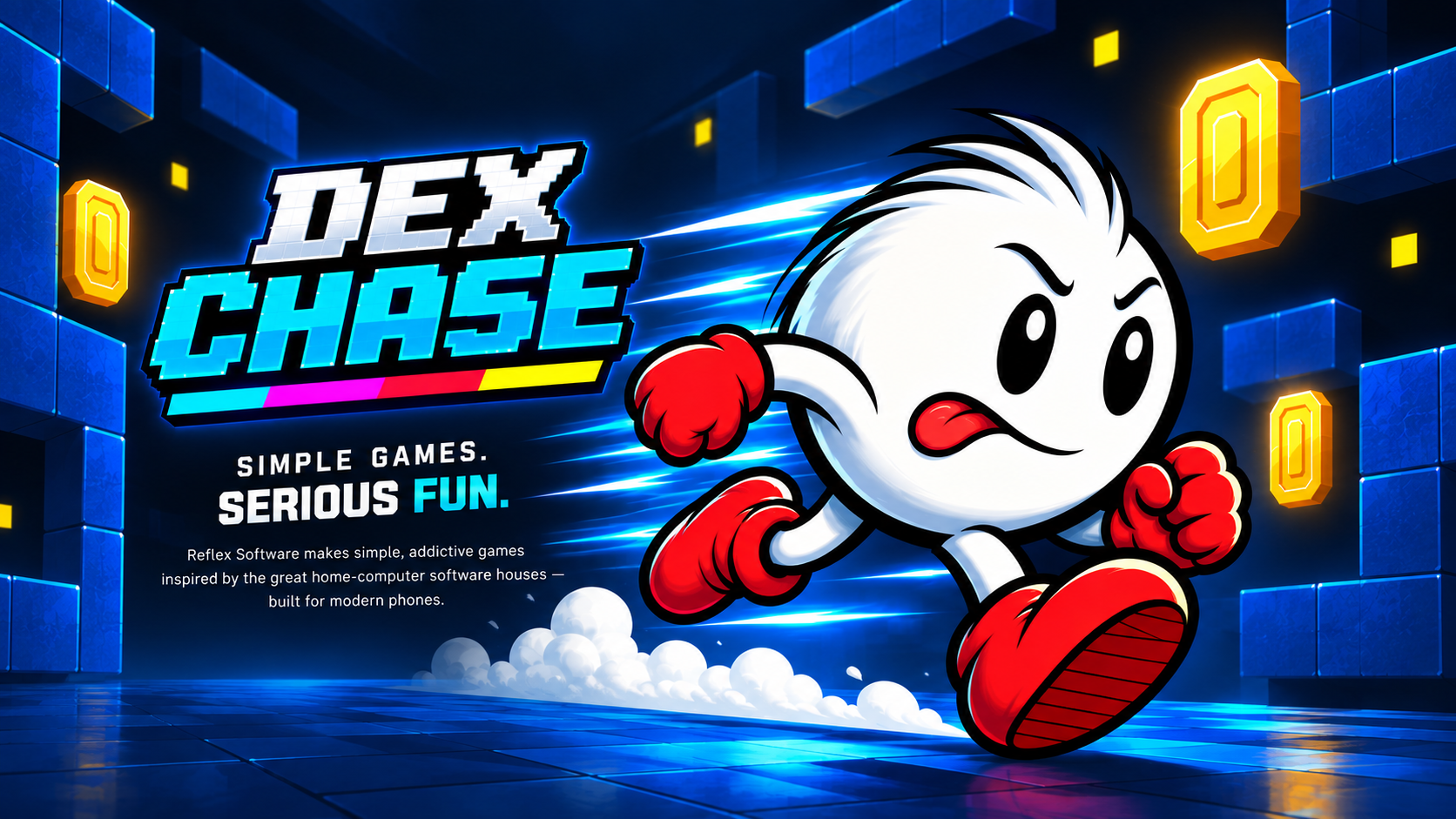 Dex races through a dark blue maze
