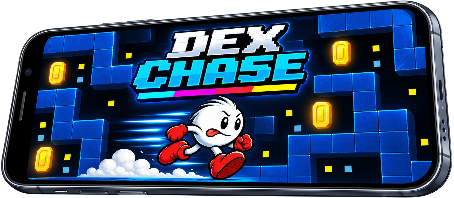 DEX CHASE running on a phone — Dex dashes through a glowing blue maze collecting coins