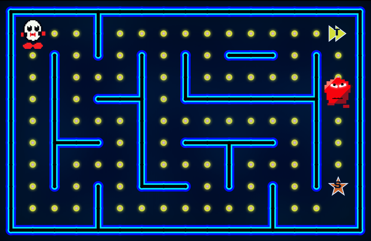 Maze 01 at the start of a run — Dex, the threat and a full board of cash